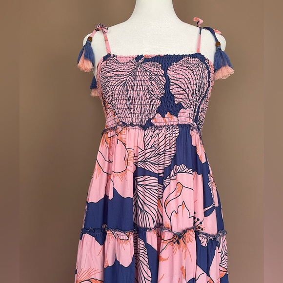 {Maaji} Smocked Chest Tiered Floral Mini Dress with Tie Straps - Womens Small - Picture 2 of 11